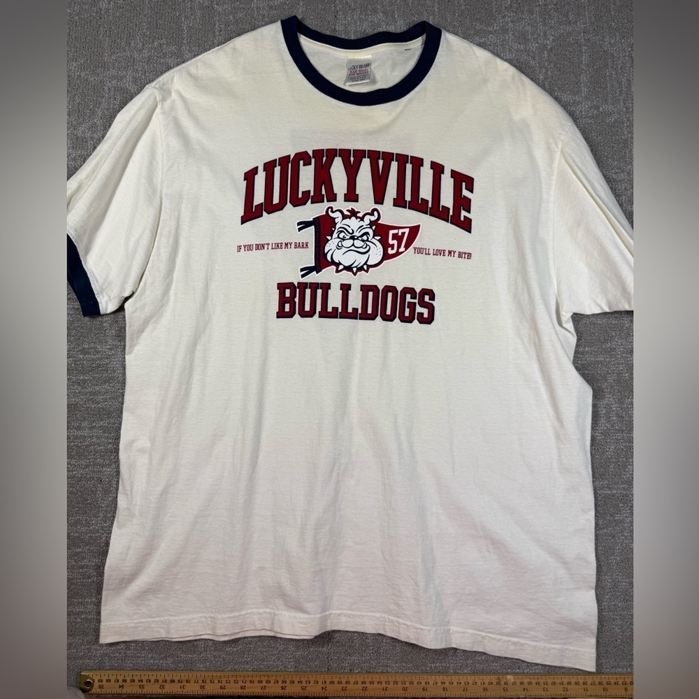 Vintage Lucky Brand 90s Luckyville Blue Dogs Mens White Oversized T Shirt USA